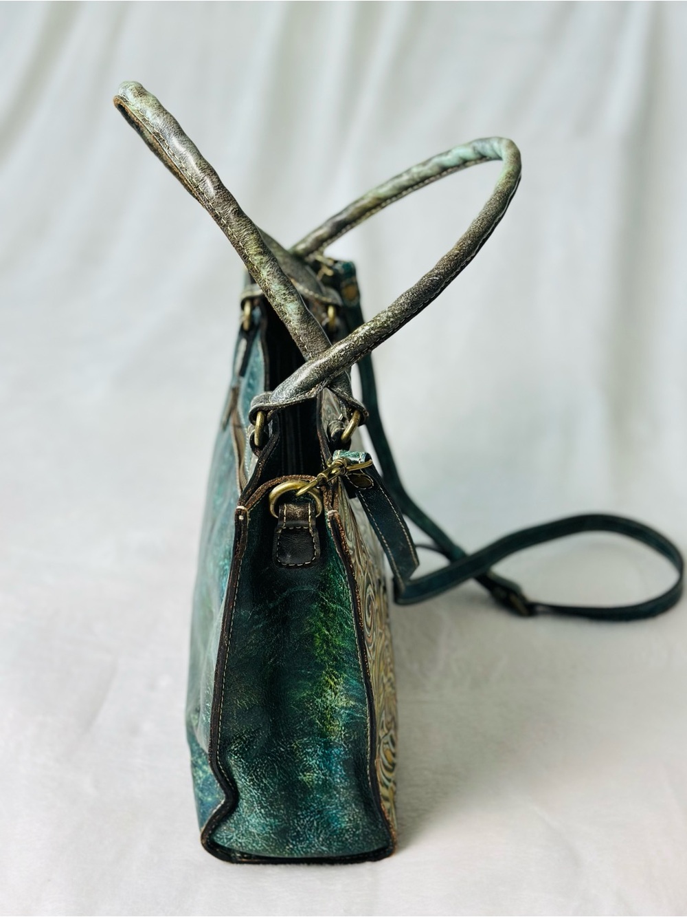 Patricia Nash Turquoise Hand-Tooled Floral Leather Tote Bag - Picture 6 of 12